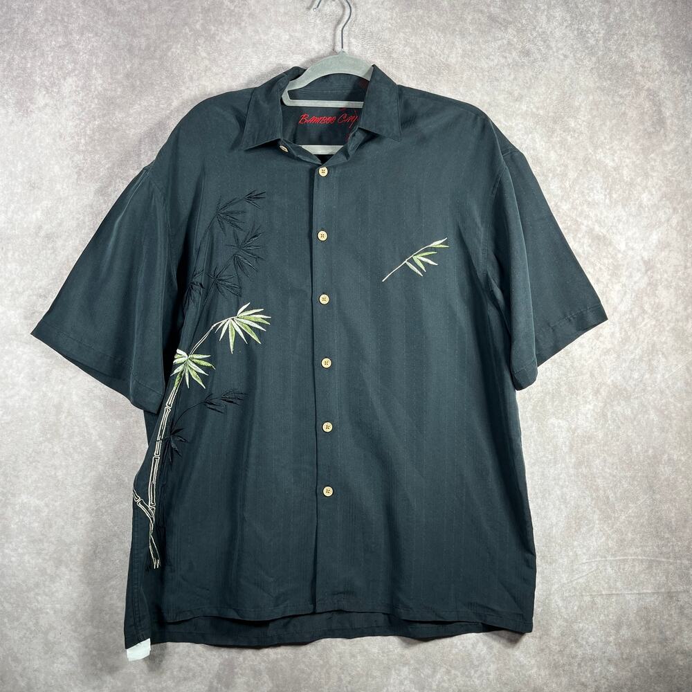 Bamboo‎ Clay Hawaiian Camp Shirt Mens Medium Black Summer Beach Tropical Beach